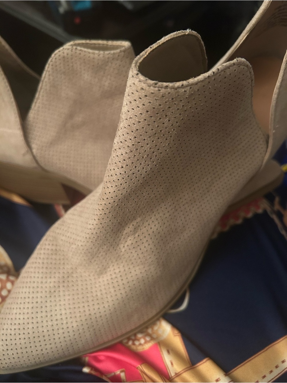 Universal Thread Perforated Suede Ankle Booties in Light Taupe